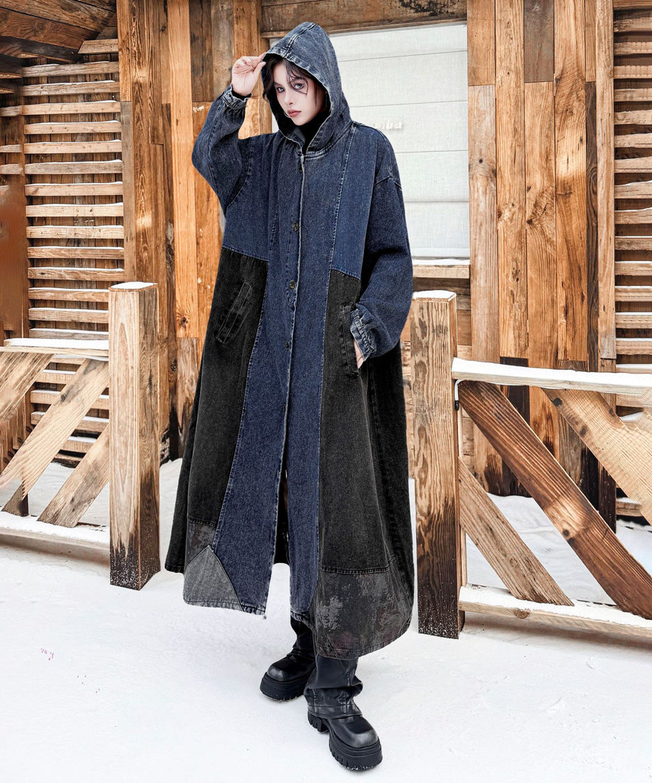 Patchwork Hooded Denim Coat