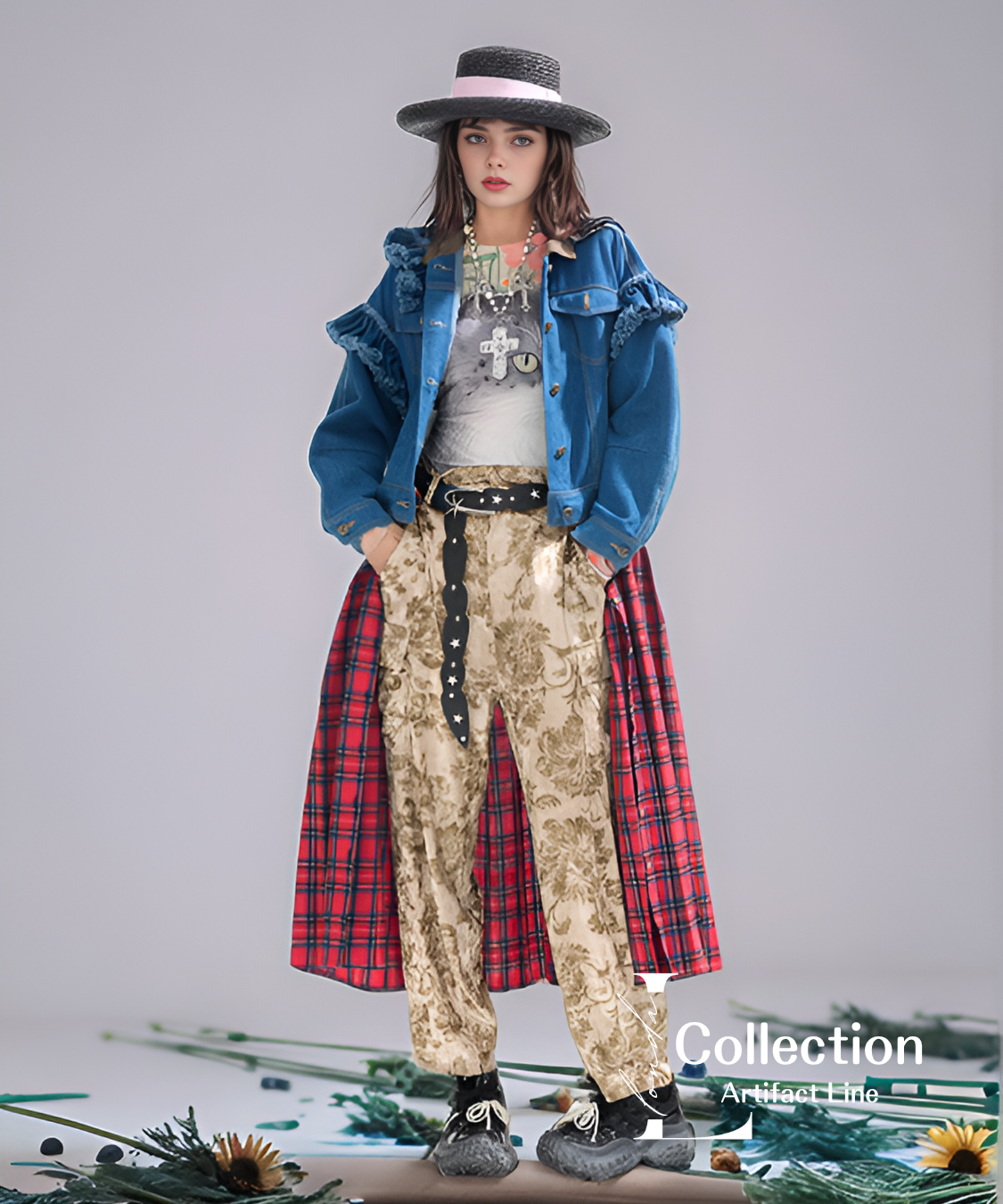 Frilled Denim Check Coat