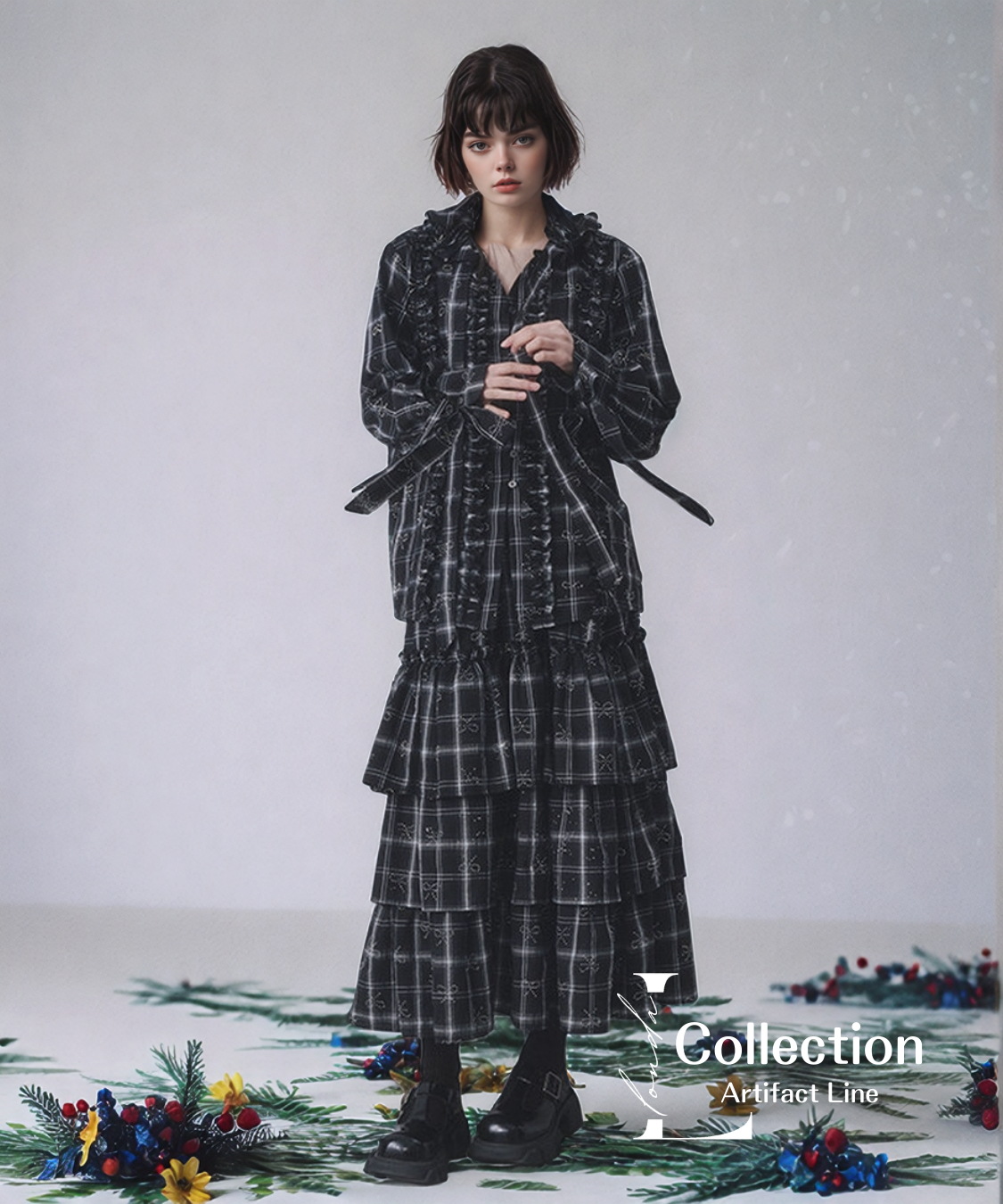 Ribbon Check Frill Blouse＆Tiered Skirt Co-ord