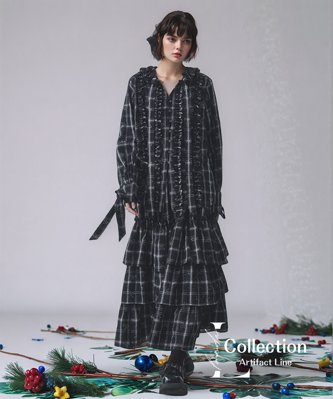 Ribbon Check Frill Blouse＆Tiered Skirt Co-ord