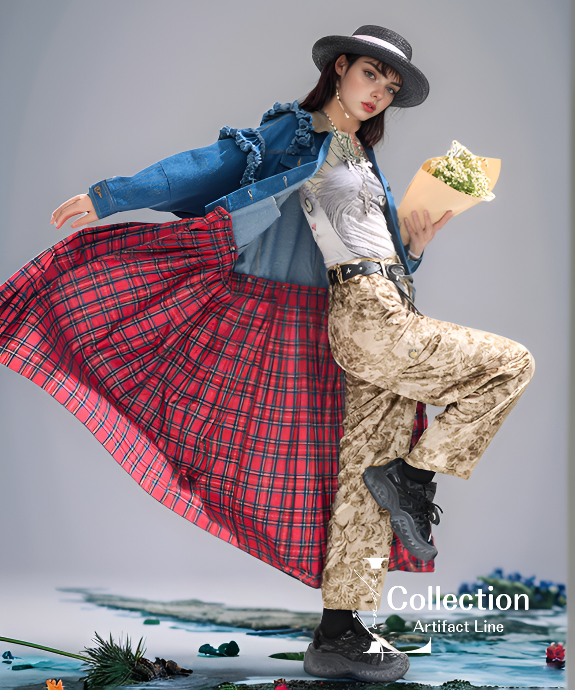 Frilled Denim Check Coat