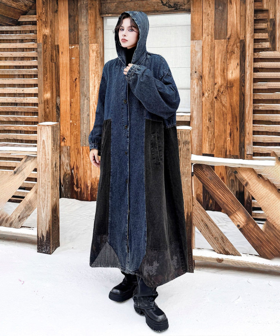 Patchwork Hooded Denim Coat