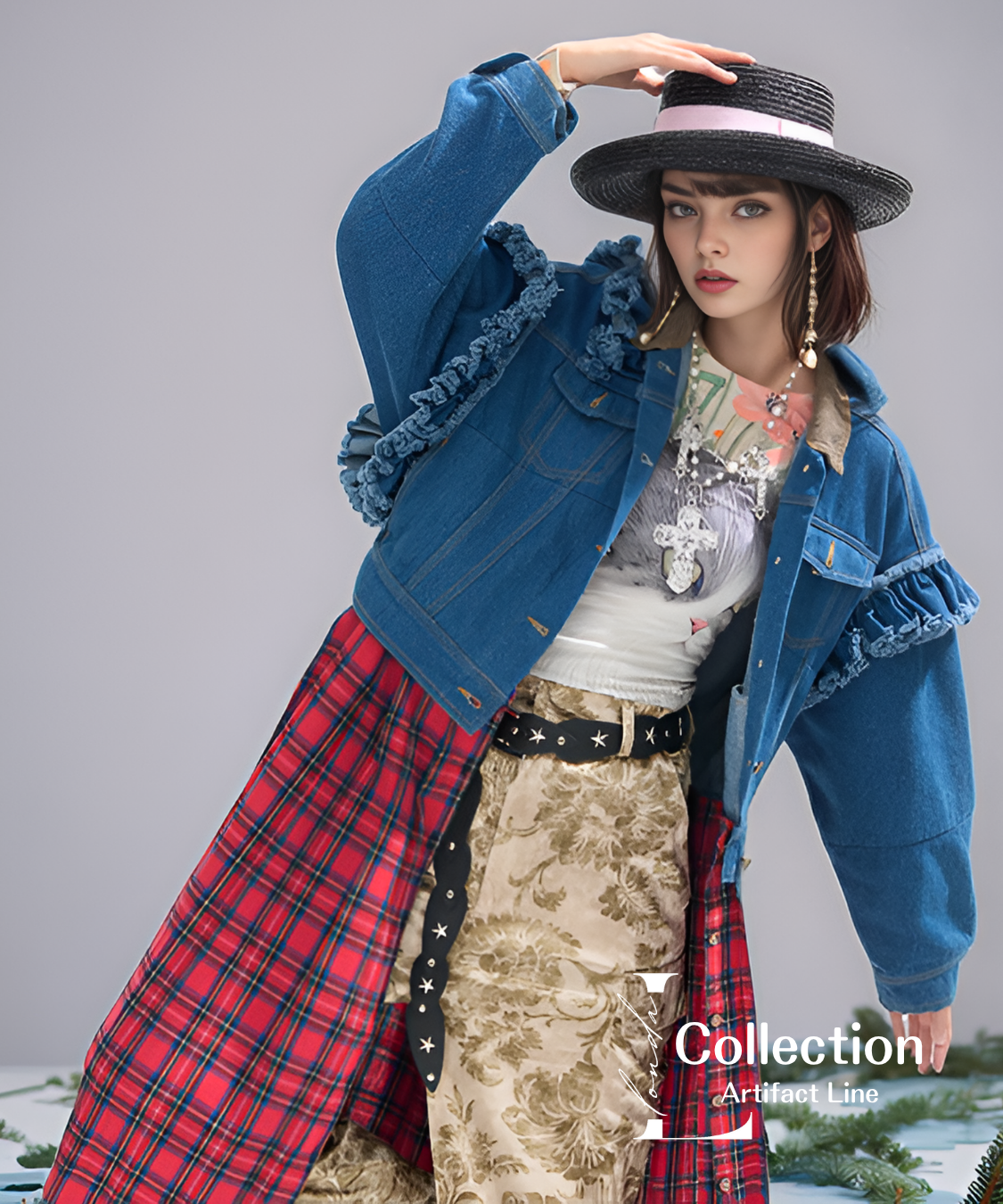 Frilled Denim Check Coat