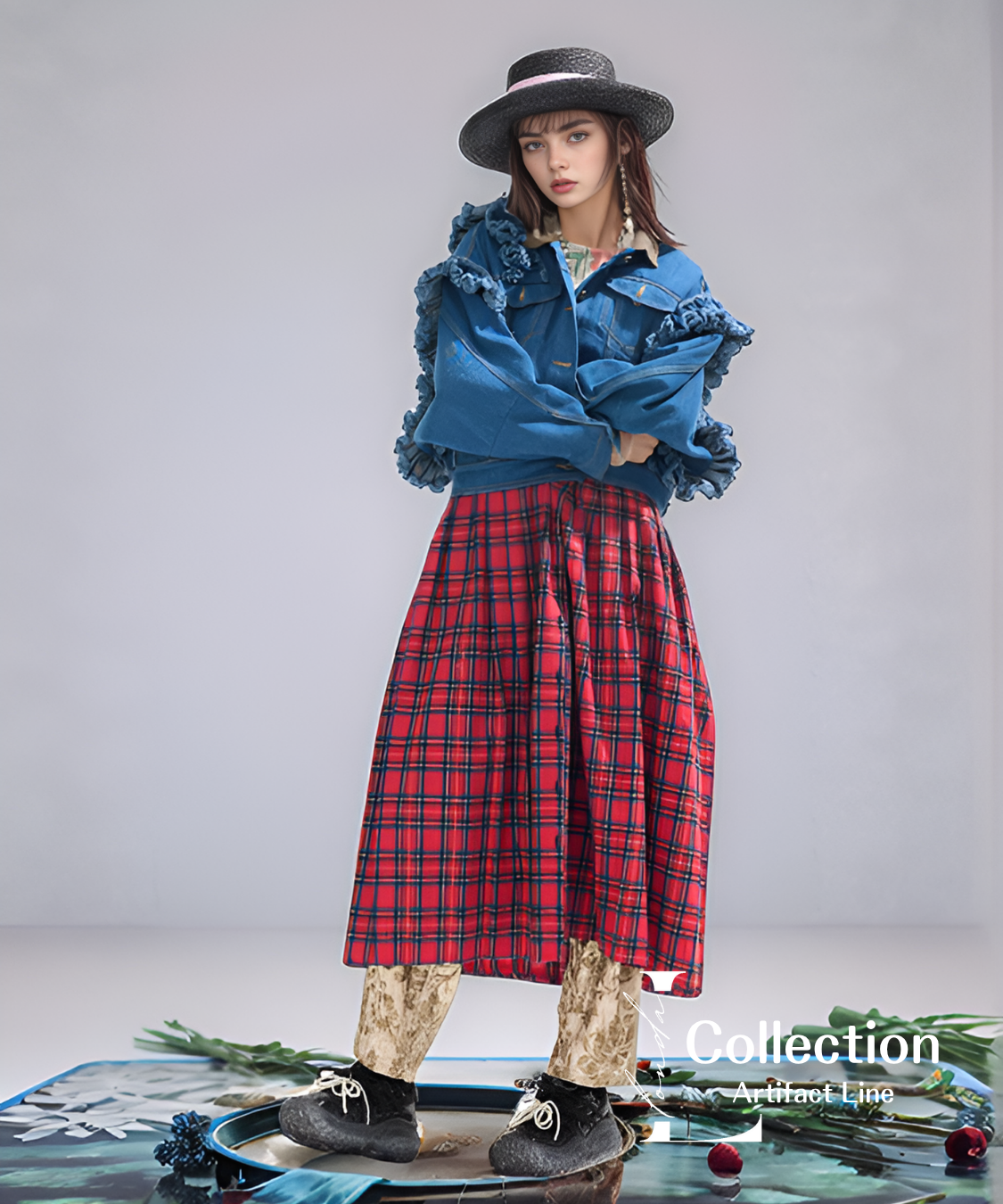 Frilled Denim Check Coat