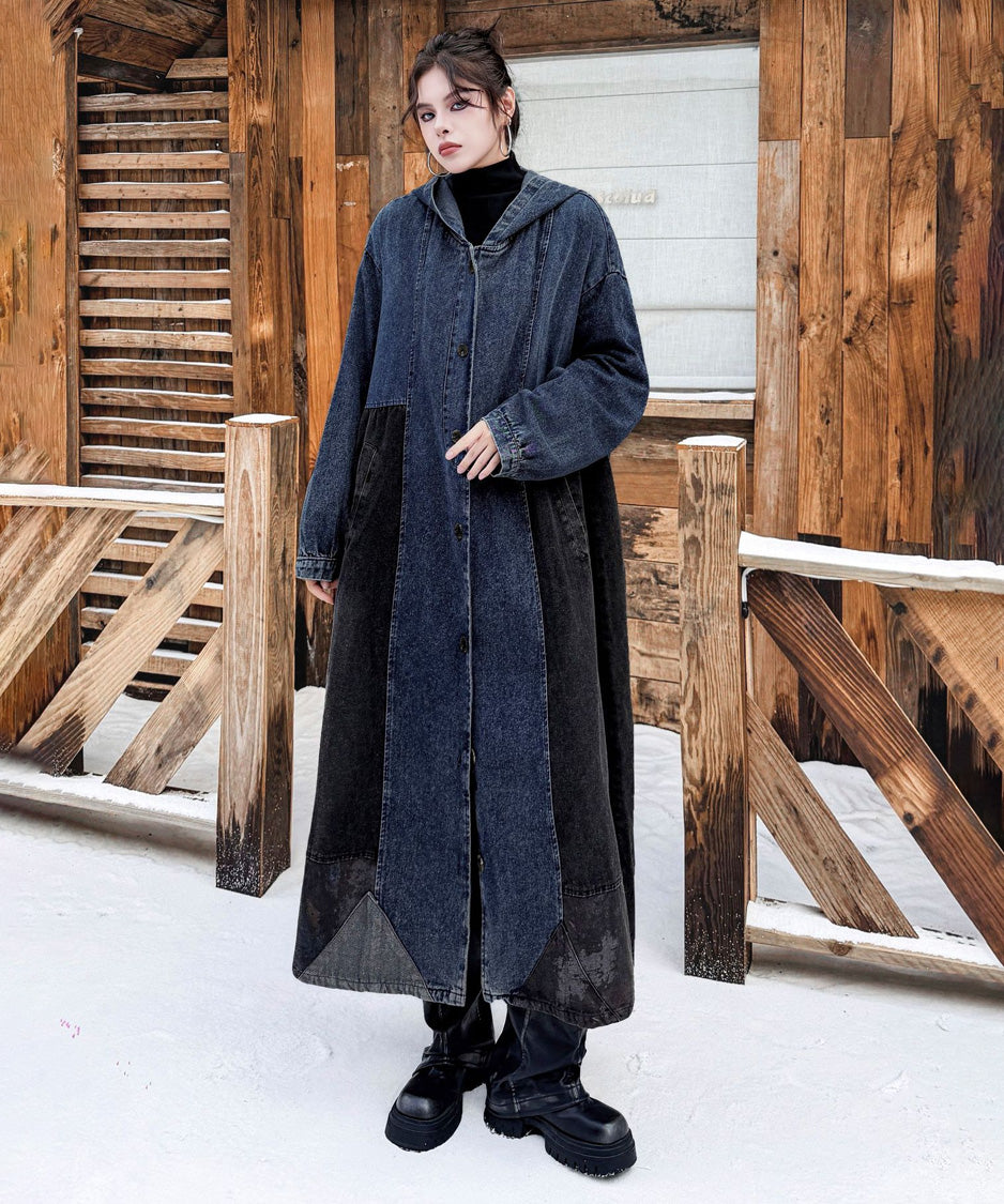 Patchwork Hooded Denim Coat