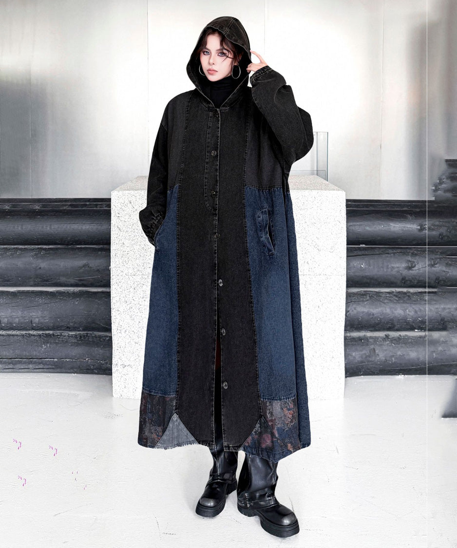 Patchwork Hooded Denim Coat