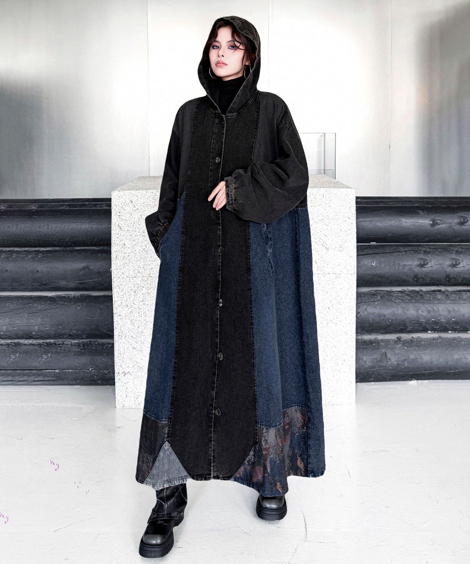 Patchwork Hooded Denim Coat