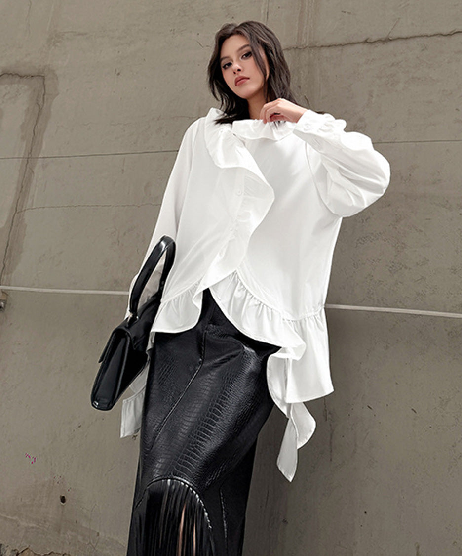 Ruffle Curve Hem Flare Blouse