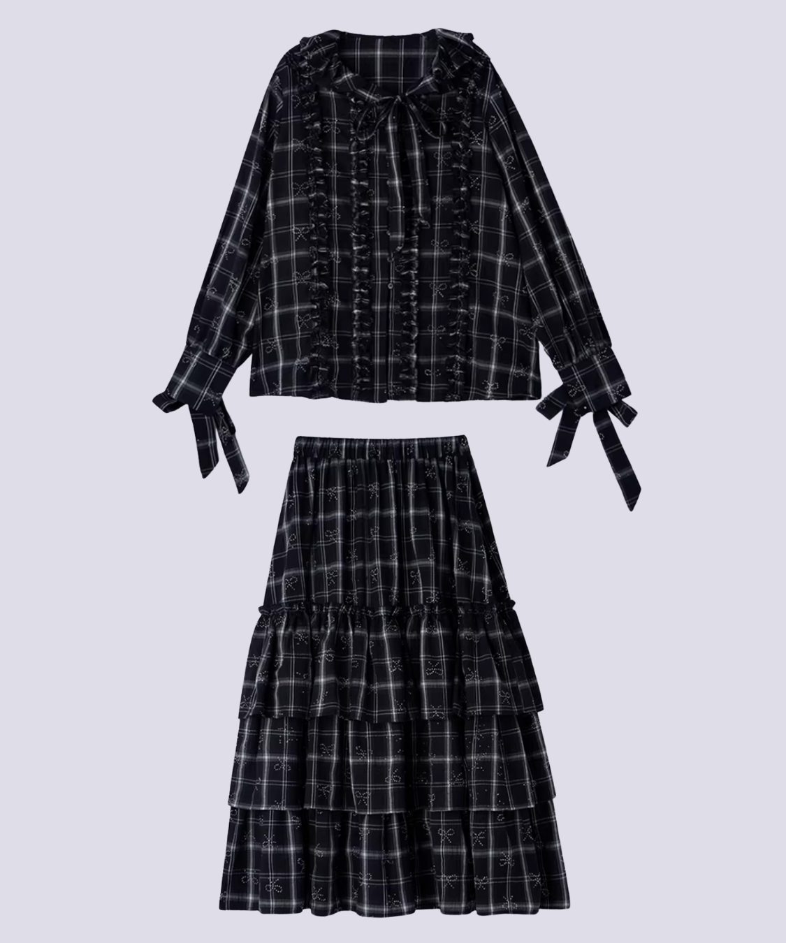 Ribbon Check Frill Blouse＆Tiered Skirt Co-ord