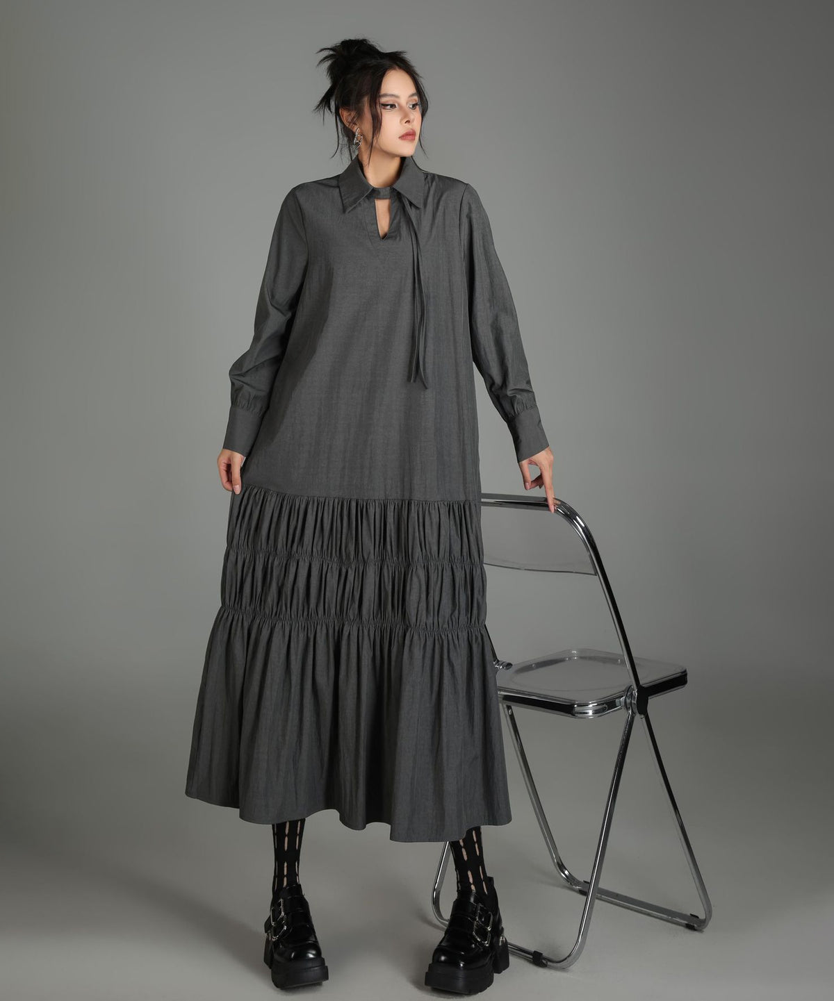 Ruched Tier Long Shirt Dress
