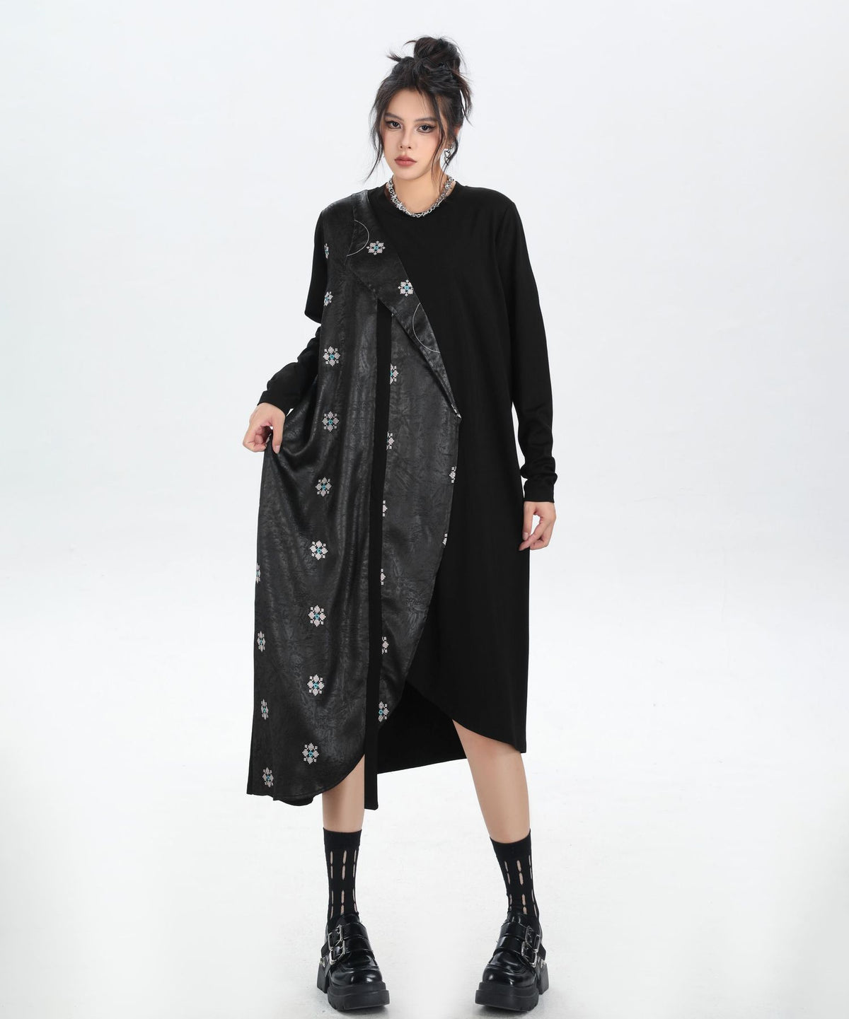 Drape Panel Mixed Texture Dress