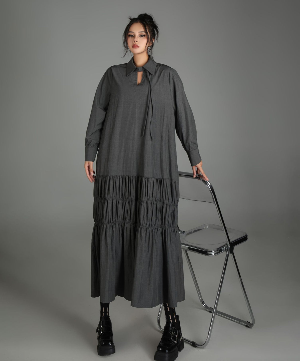 Ruched Tier Long Shirt Dress