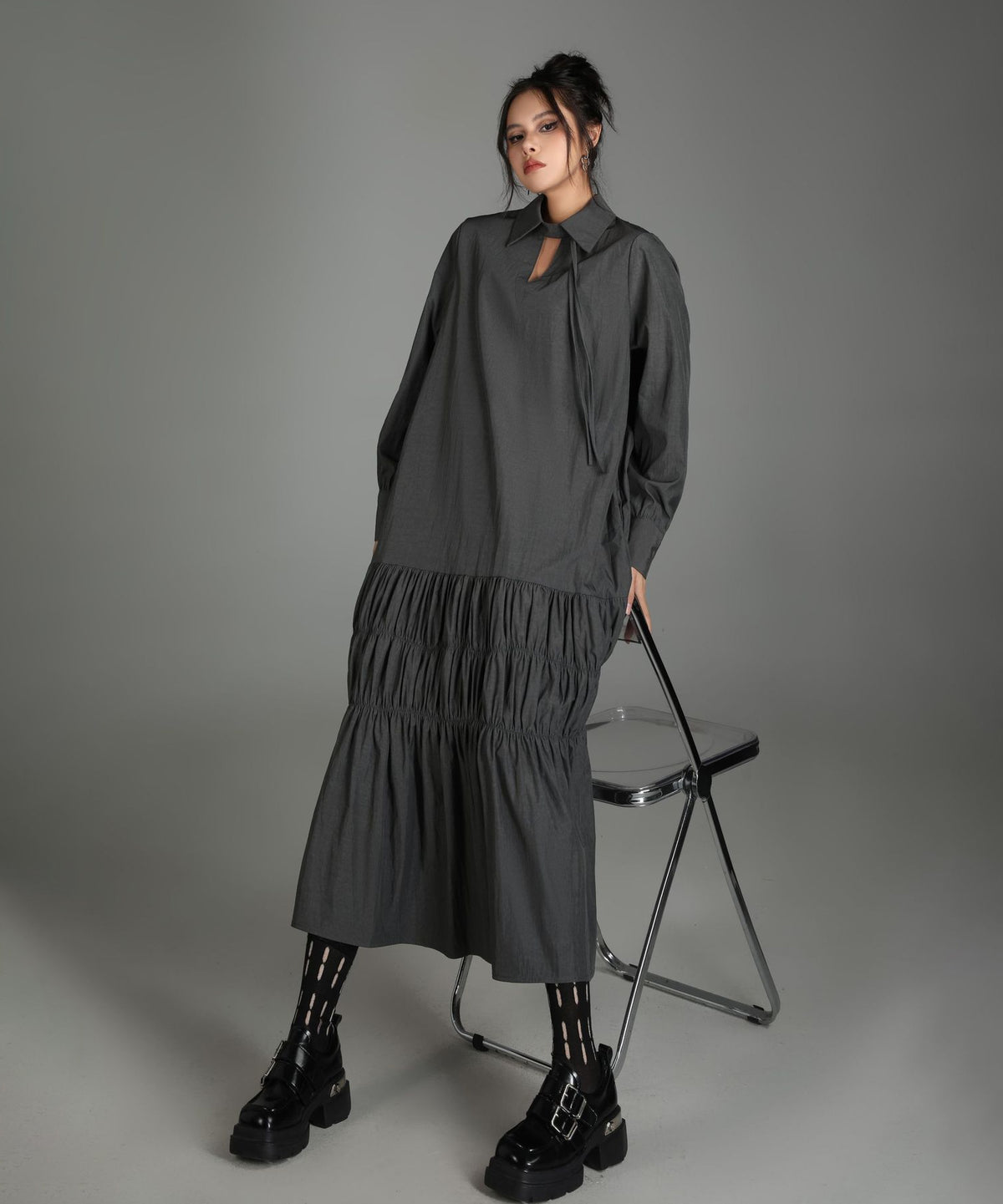Ruched Tier Long Shirt Dress