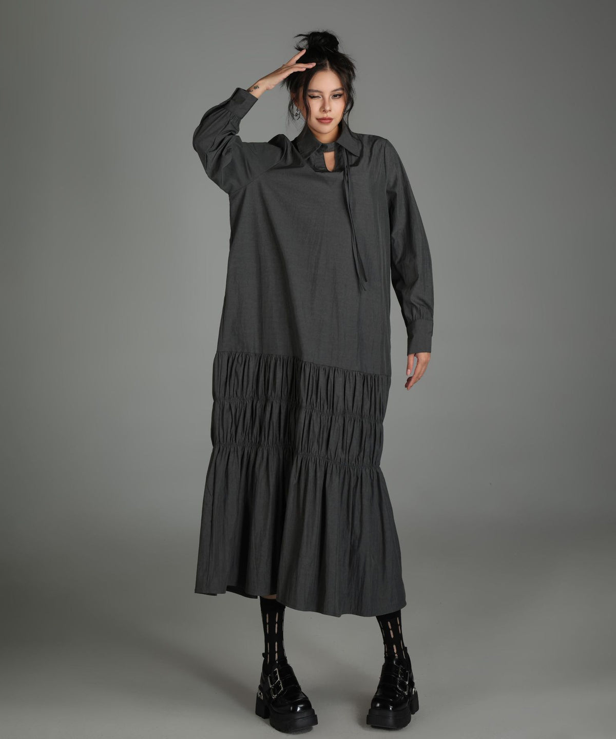Ruched Tier Long Shirt Dress