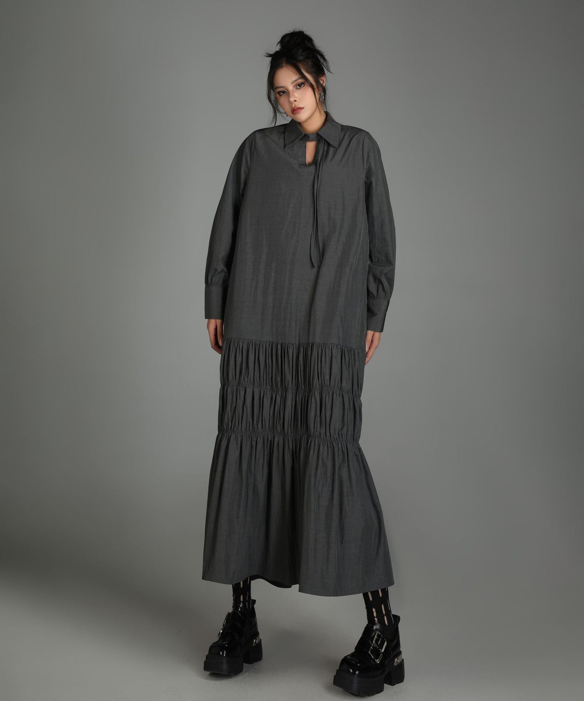 Ruched Tier Long Shirt Dress