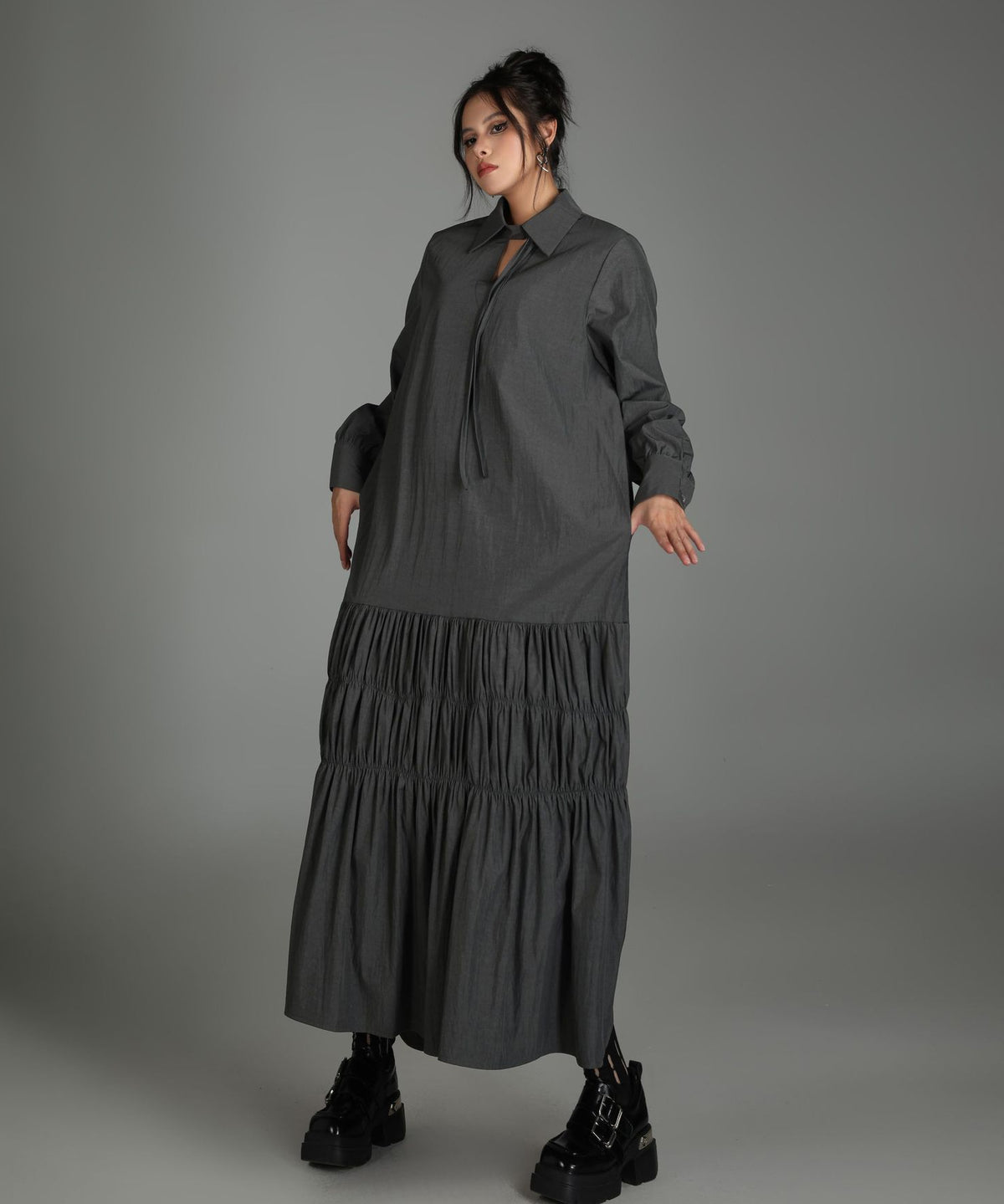 Ruched Tier Long Shirt Dress