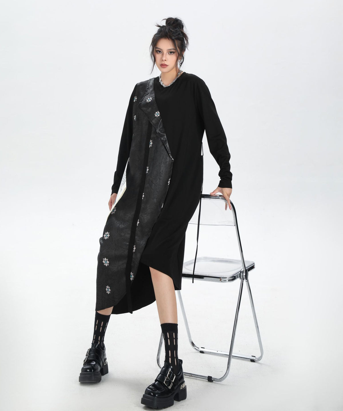 Drape Panel Mixed Texture Dress