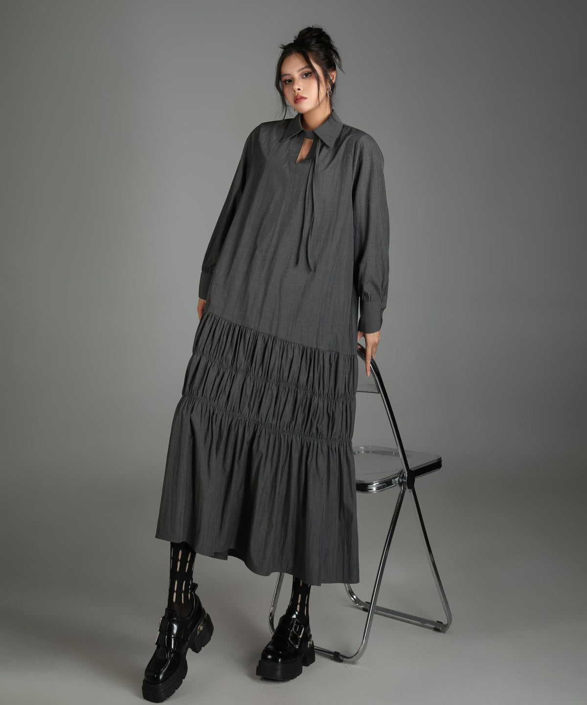 Ruched Tier Long Shirt Dress