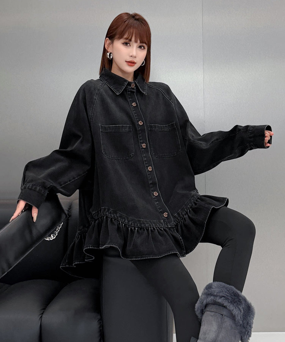 Flounce Denim Shirt Black 正面