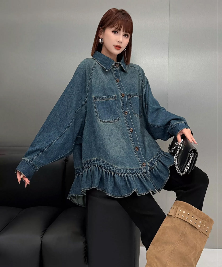 Flounce Denim Shirt Blue 正面