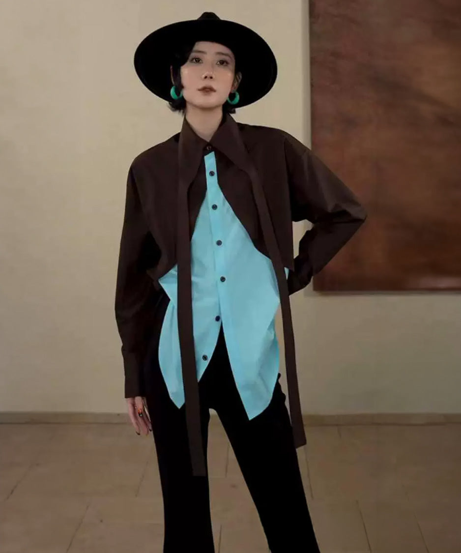 BA-1021 Blue & Brown blouse
