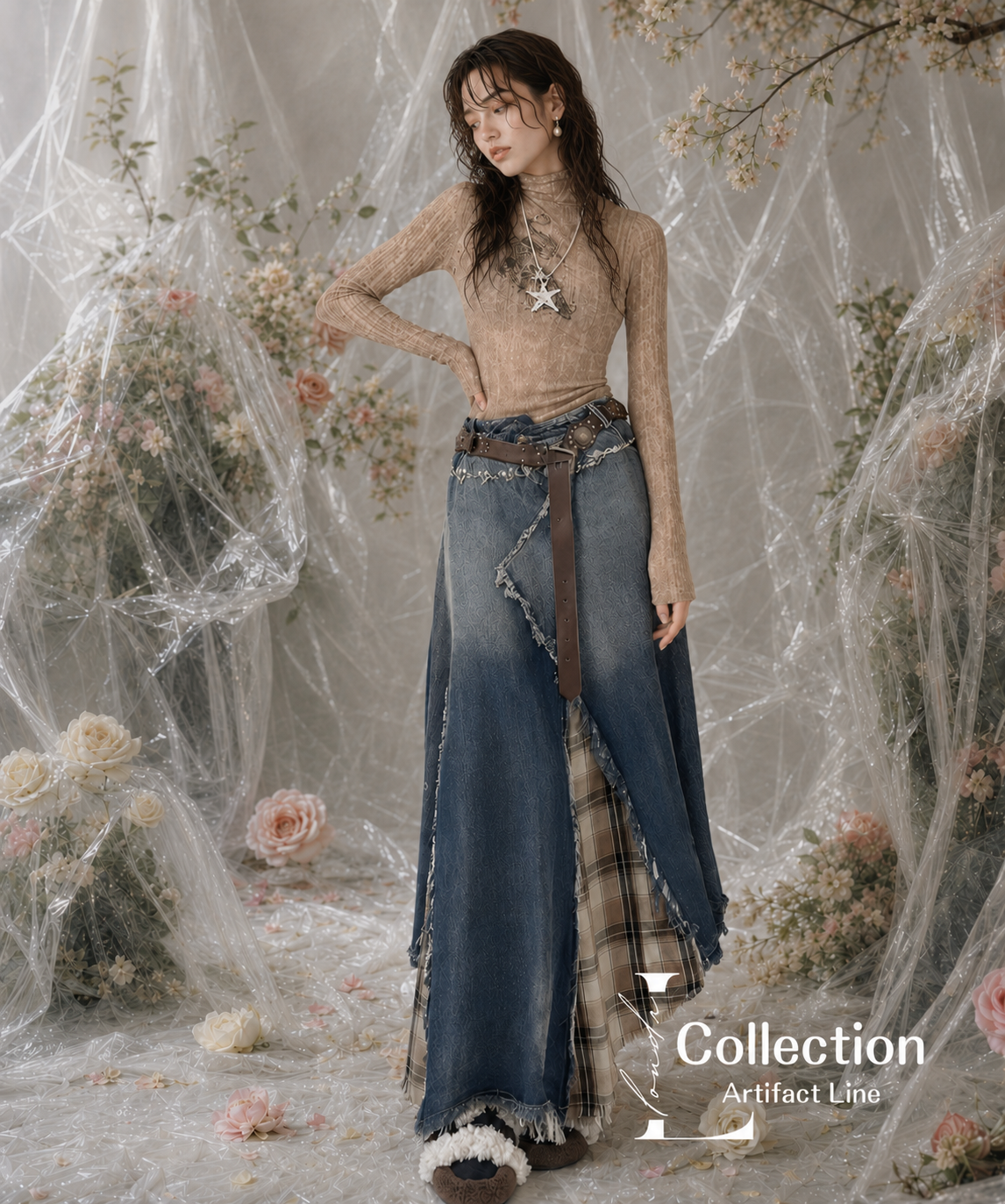 Patchwork Denim Plaid Maxi Skirt