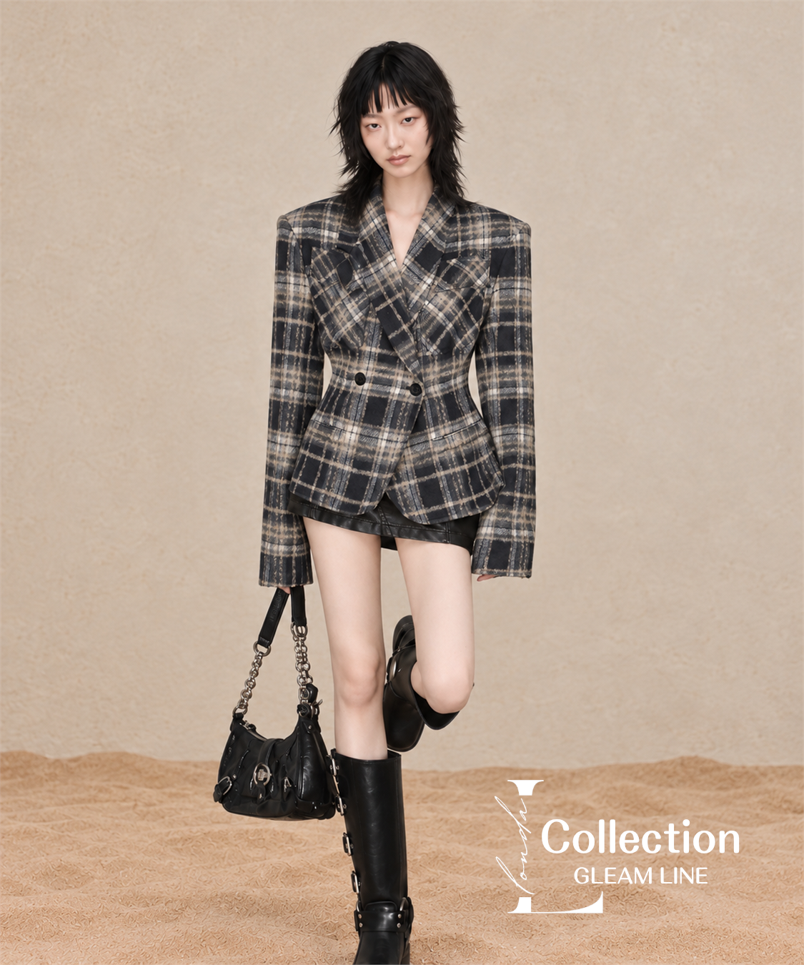 Avelin Check Jacket – Gray, front and detail view