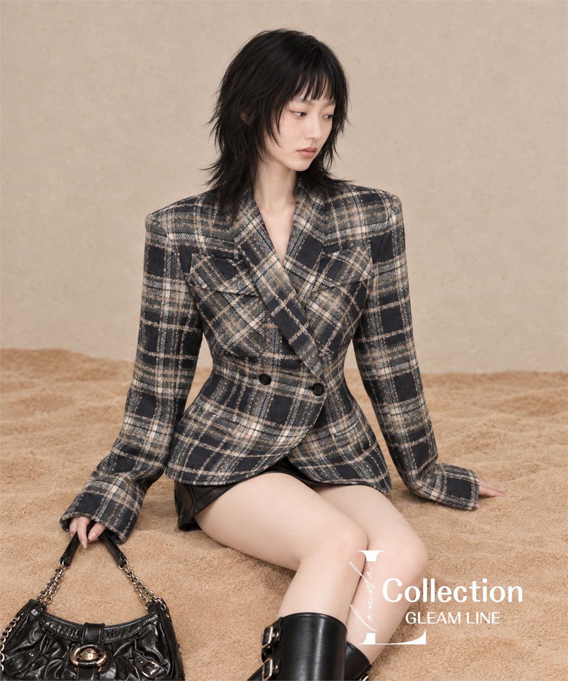 Avelin Check Jacket – Gray, seated view
