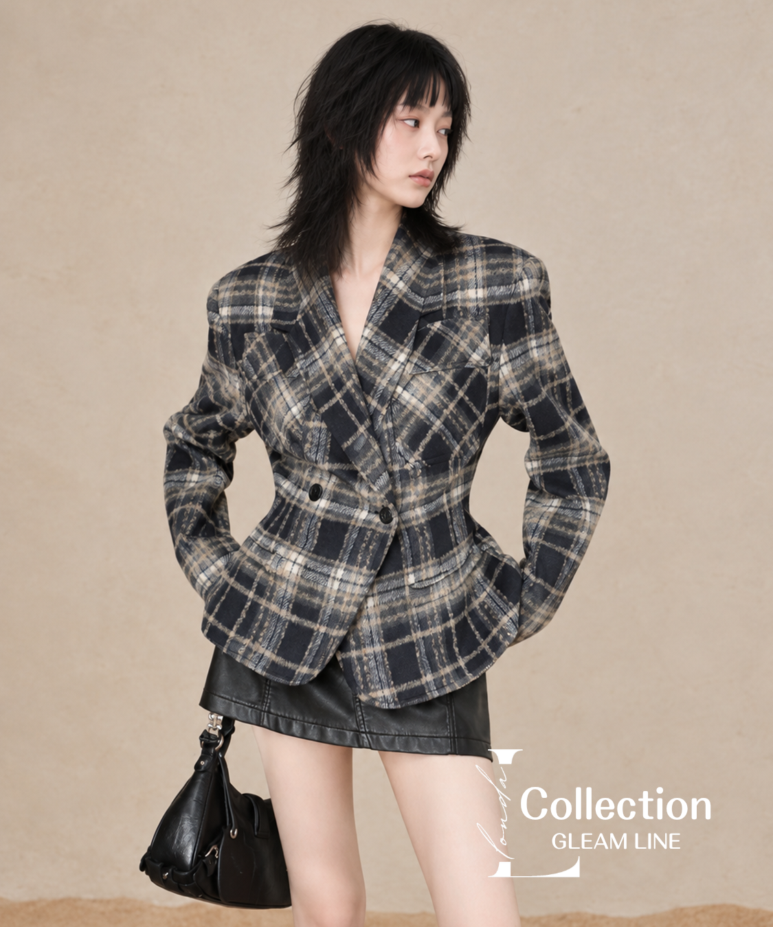 Avelin Check Jacket – Gray, front and detail view