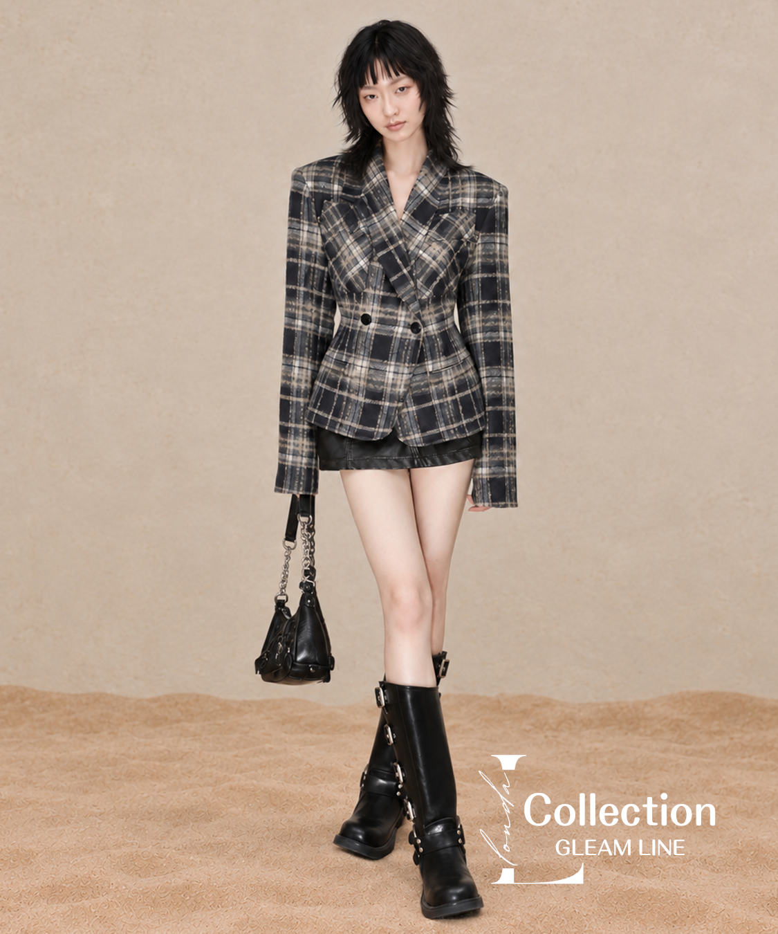 Avelin Check Jacket – Gray, front and detail view