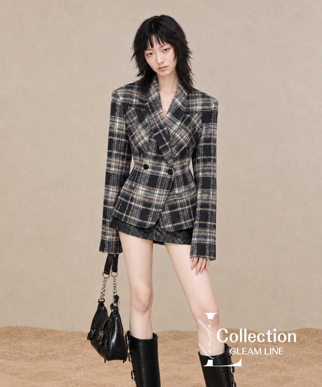 Avelin Check Jacket – Gray, front and detail view