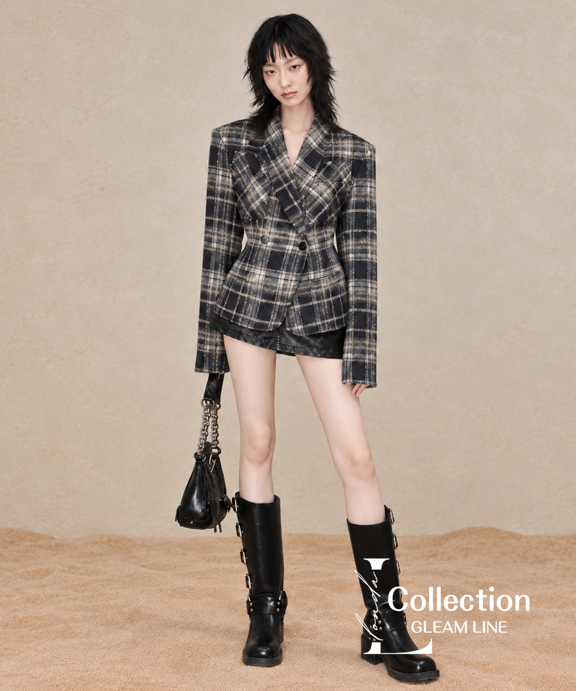 Avelin Check Jacket – Gray, front and detail view