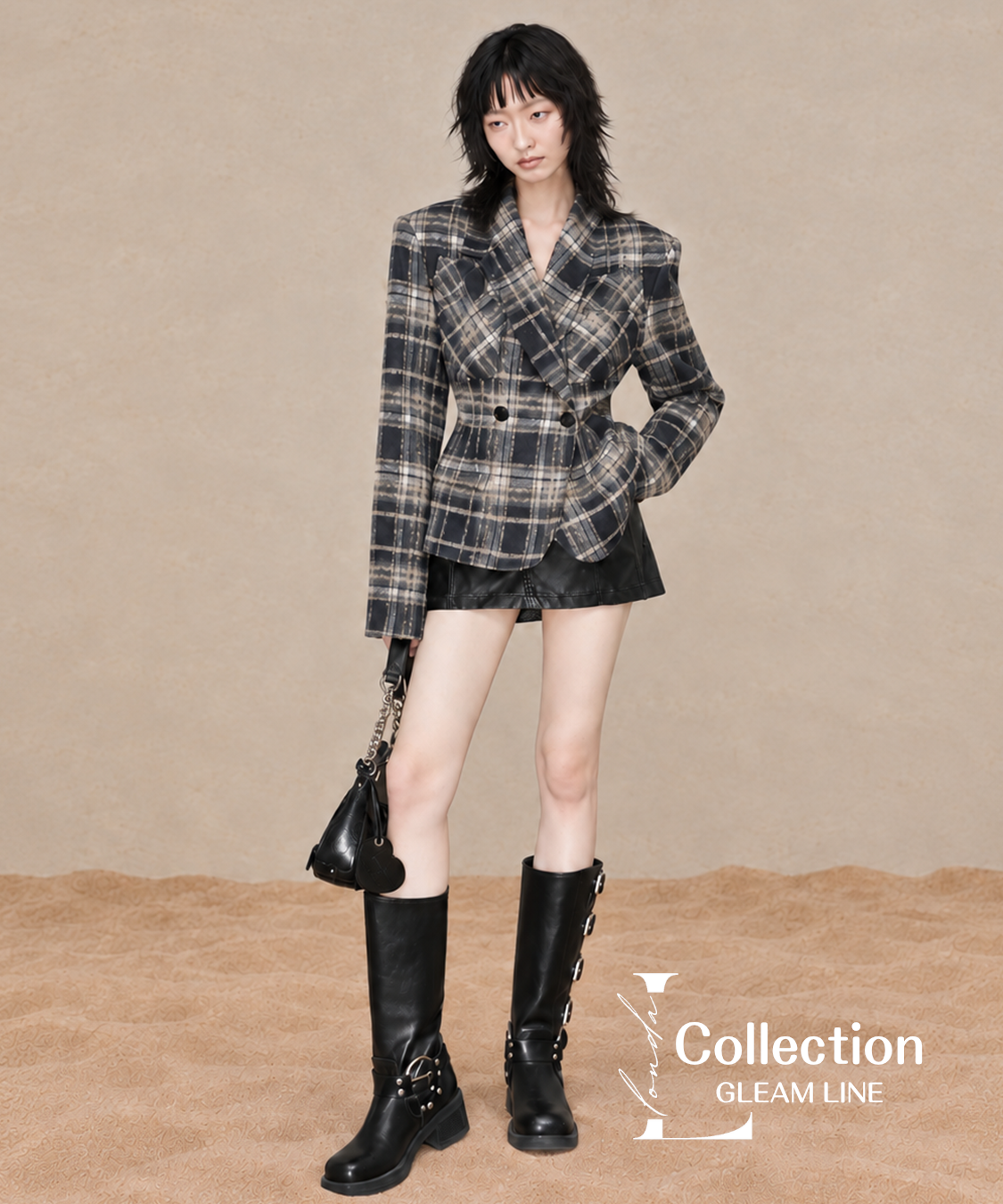 Avelin Check Jacket – Gray, front and detail view