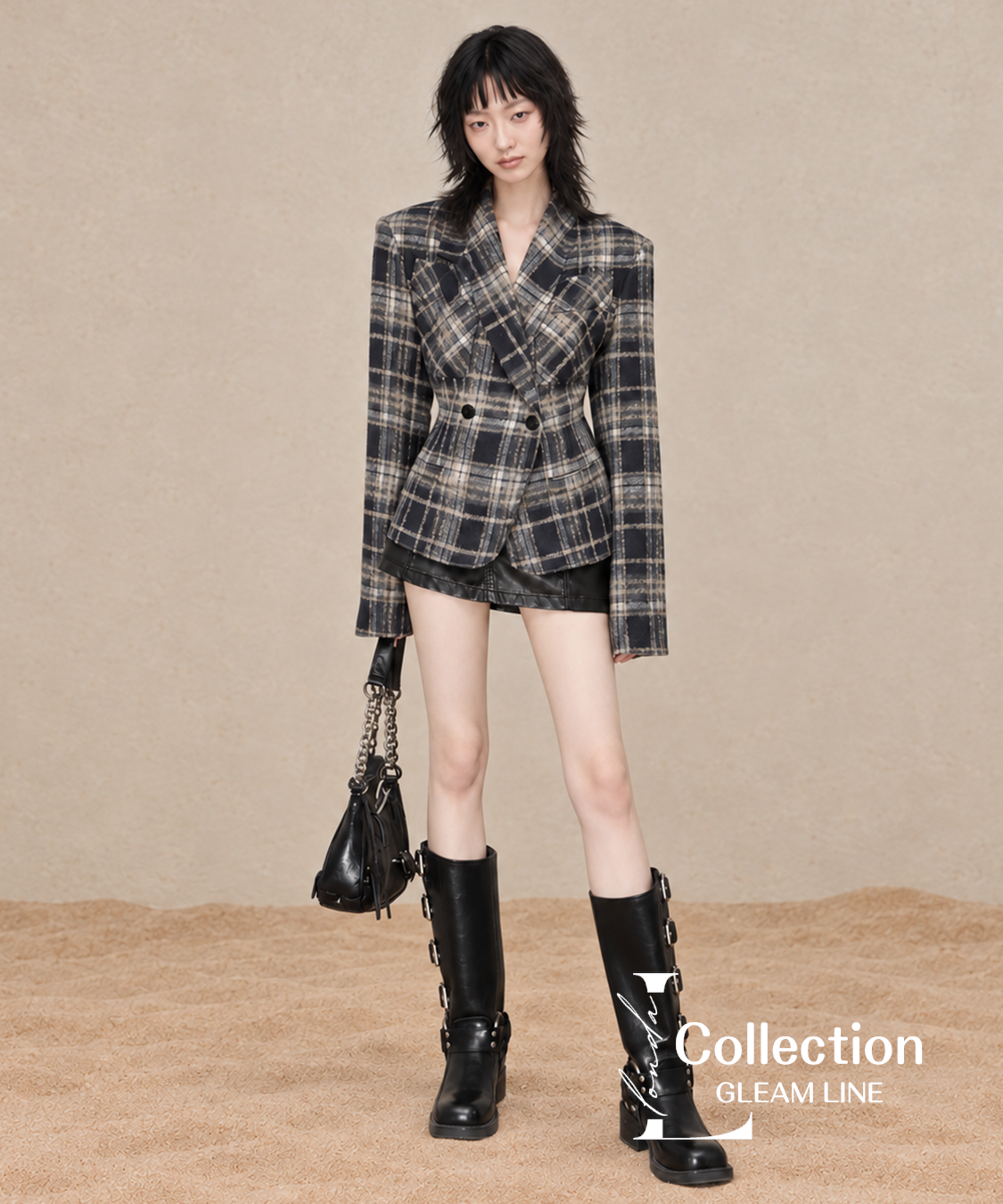 Avelin Check Jacket – Gray, front and detail view
