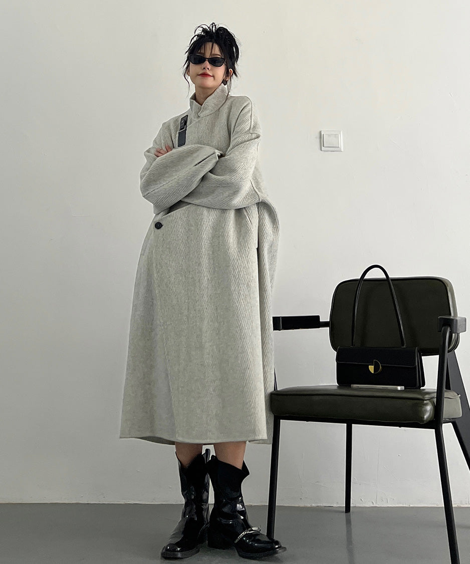 Asym Buckle Herringbone Coat