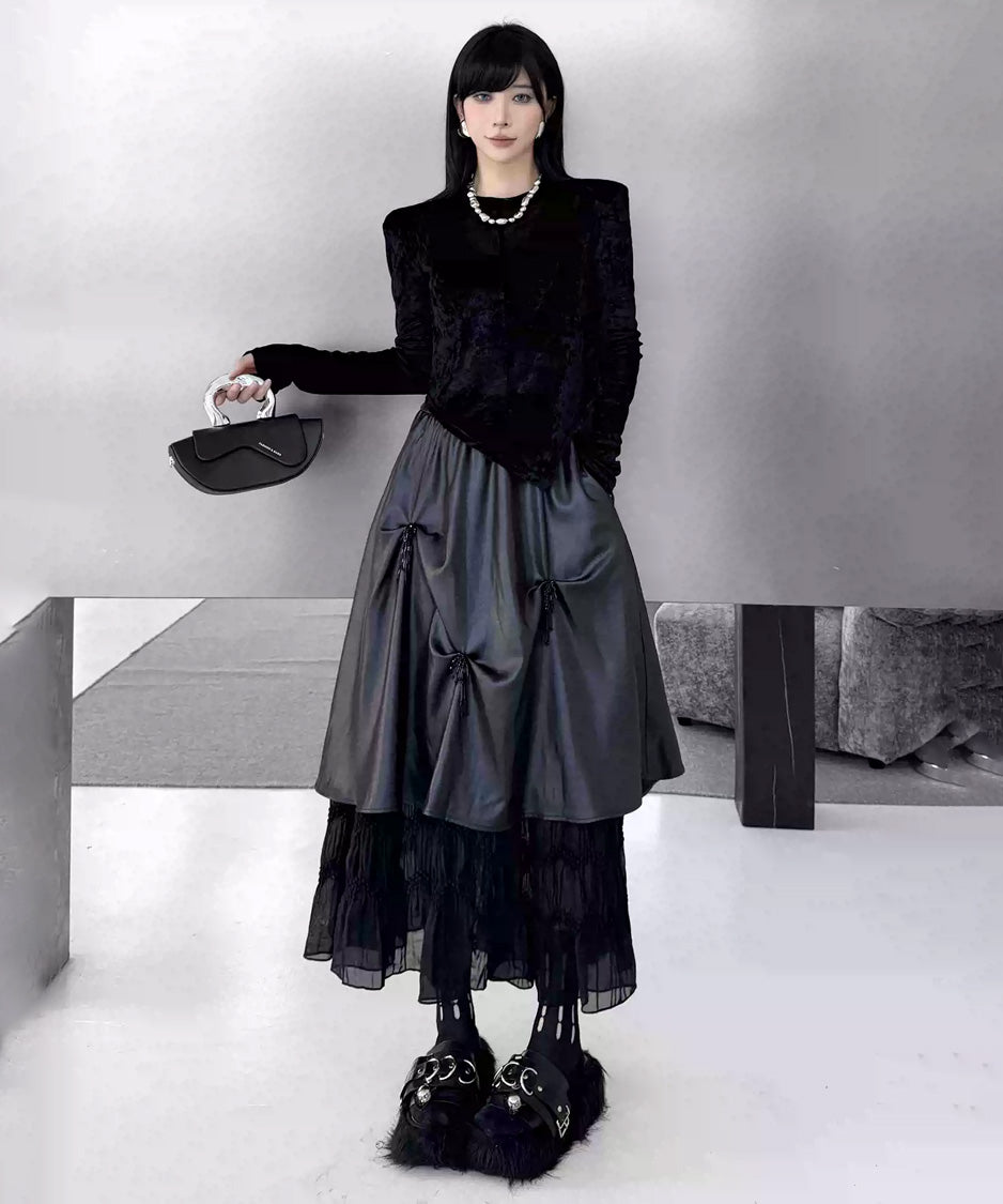 Glossy Gather Lace Hem Maxi Skirt