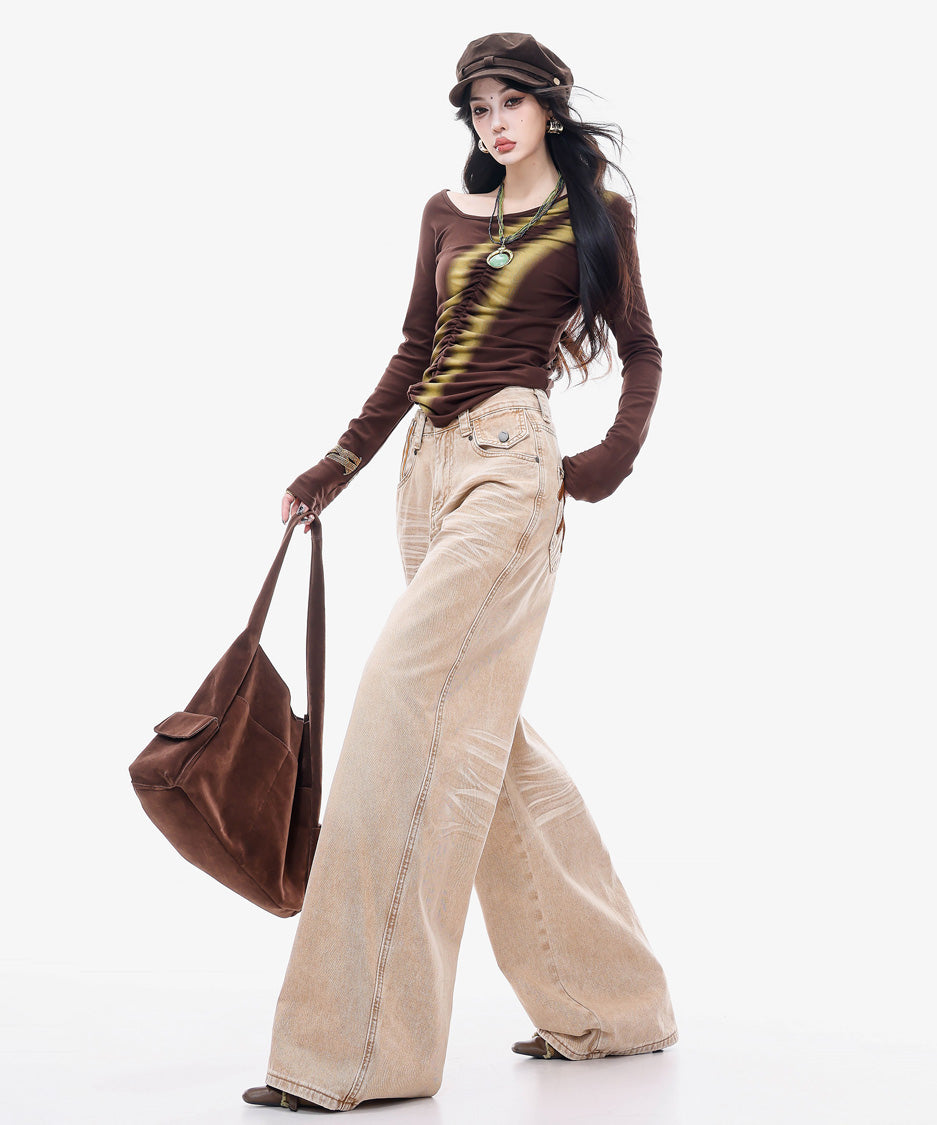 Diagonal Ruched Sheer Top