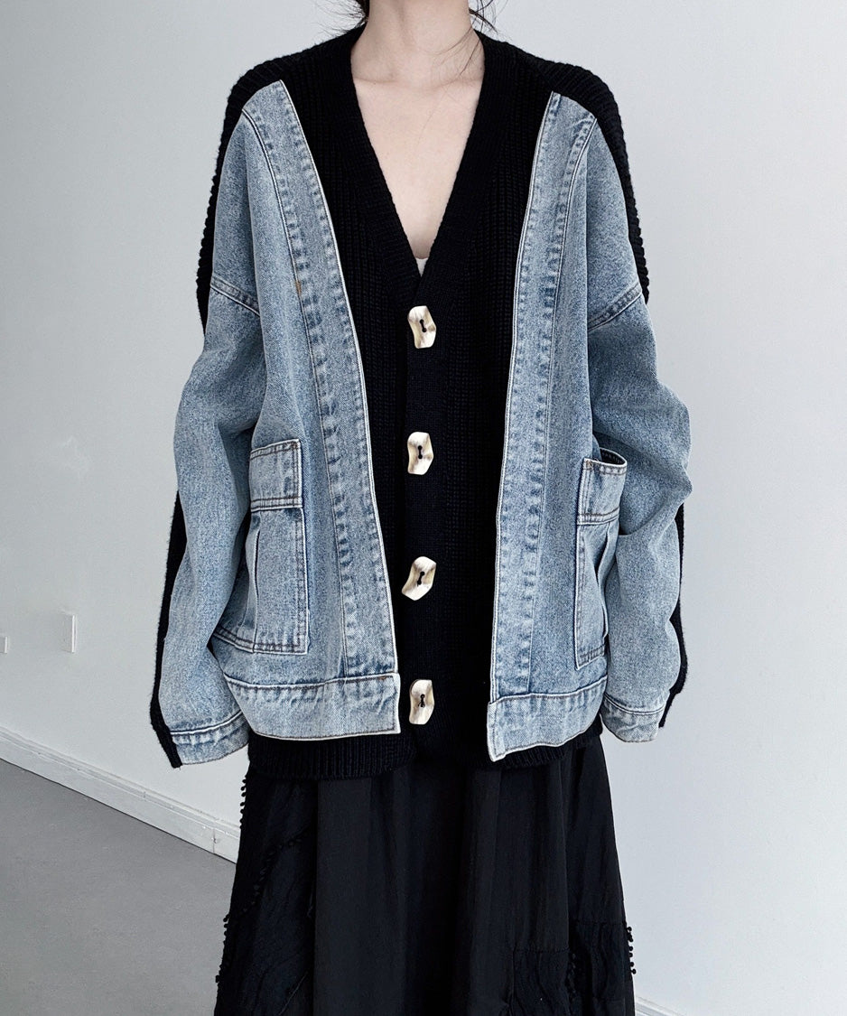 Denim Panel Knit Cardigan