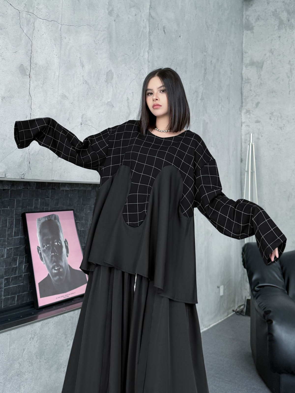 Grid Layered Contrast Top