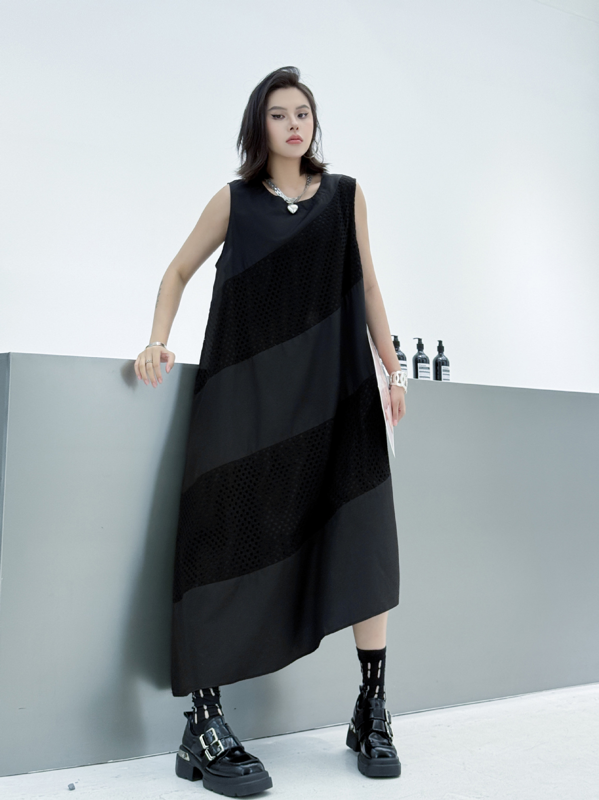 Diagonal Mesh Panel Dress