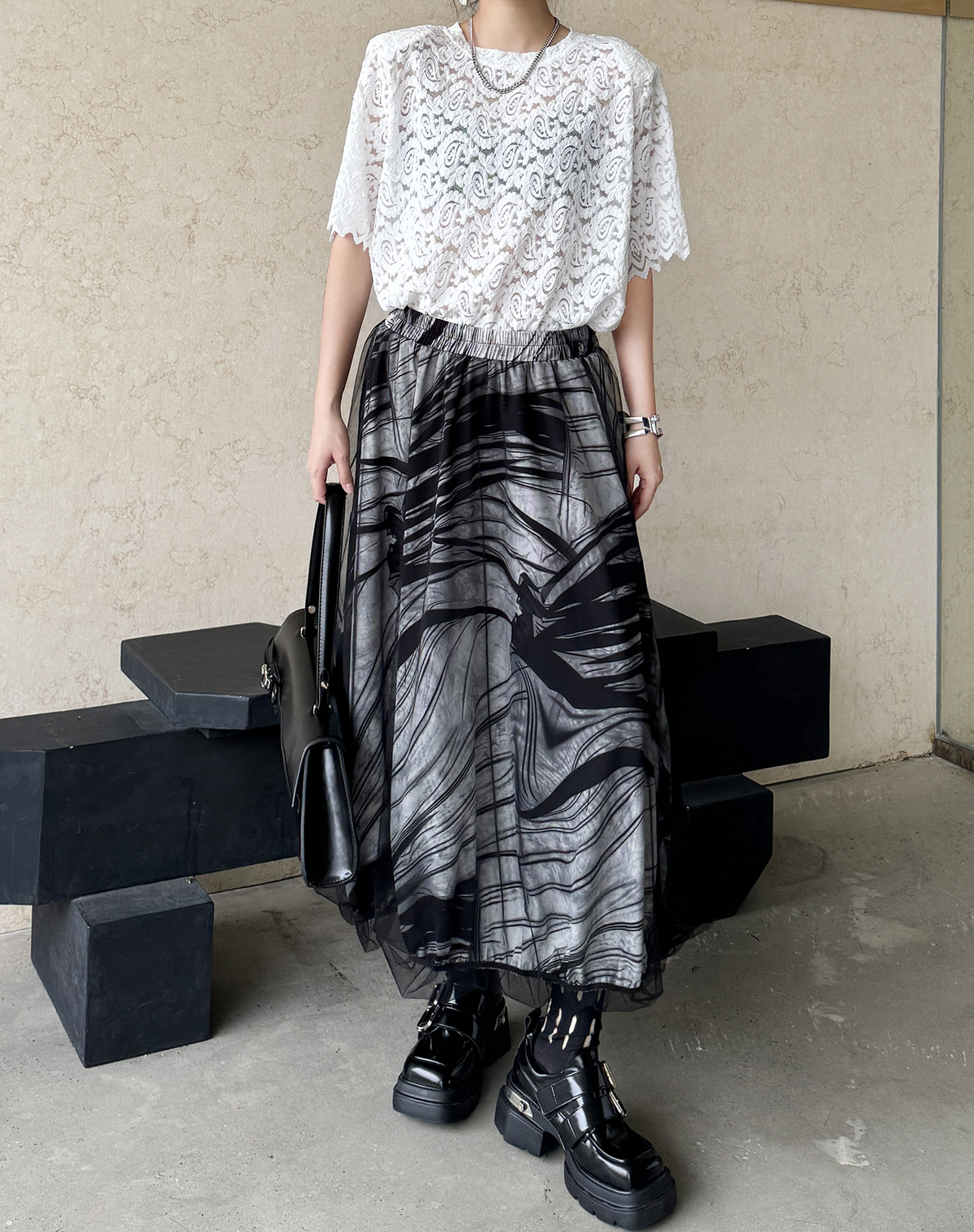 Abstract Mesh Flare Skirt
