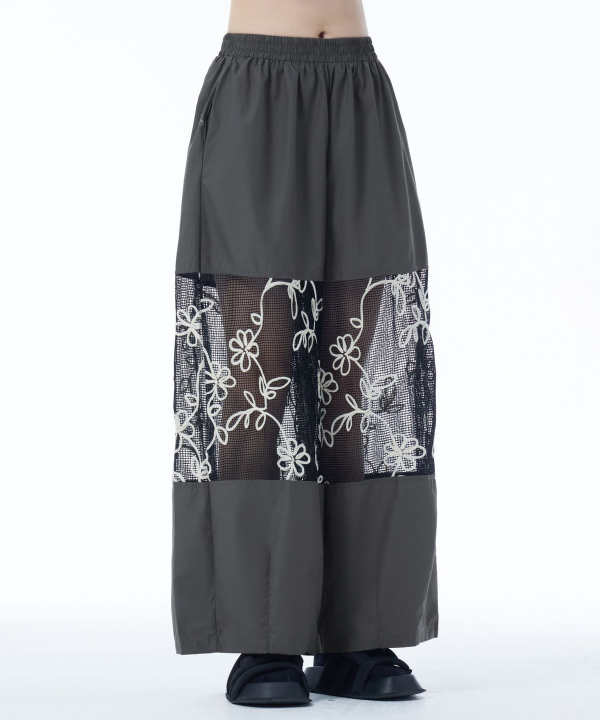 Sheer Floral Mesh Wide Pants