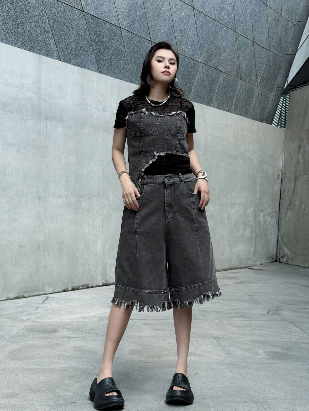Raw Fringe Wide Denim Shorts