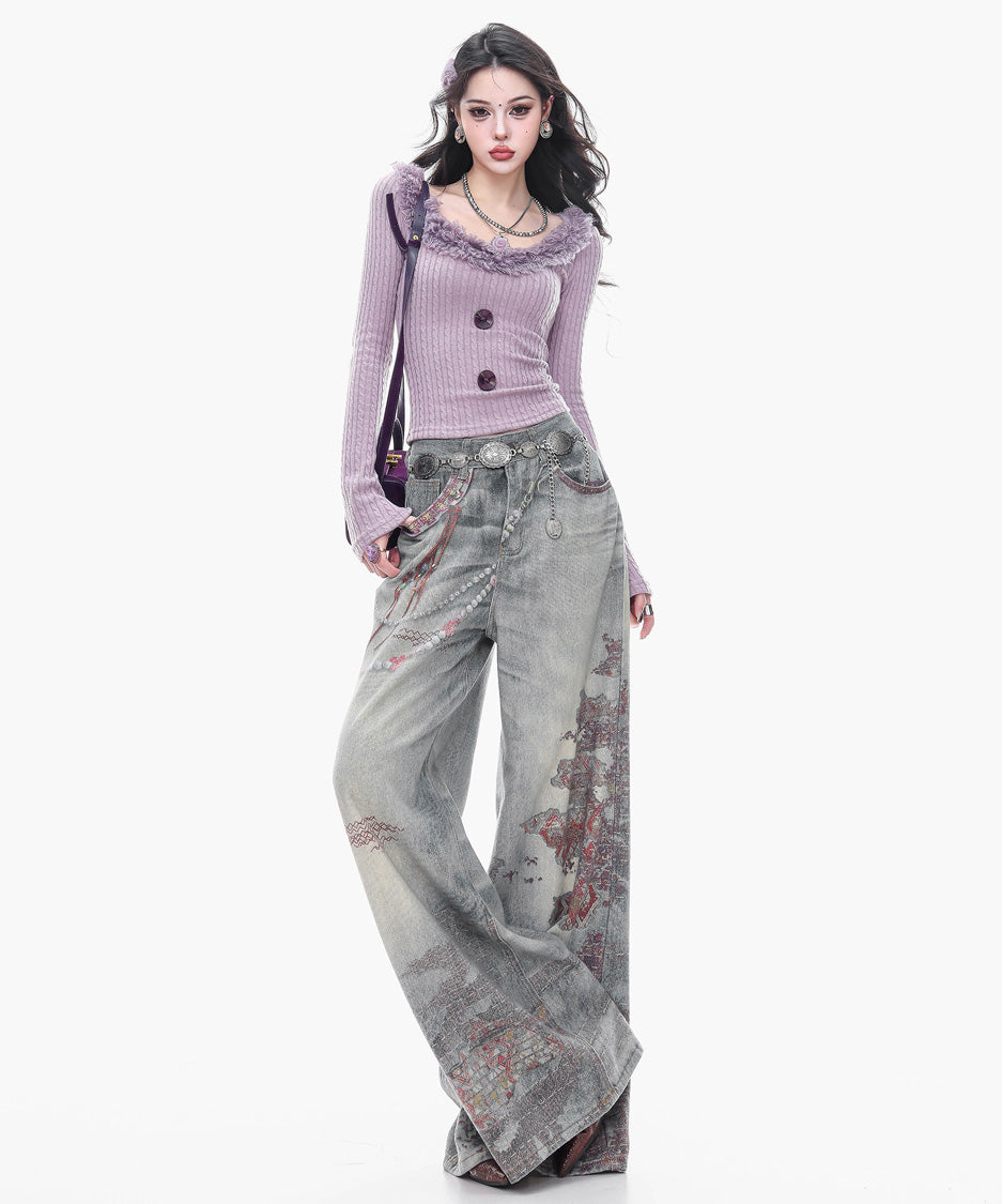 Ornament Washed Wide Denim Pants