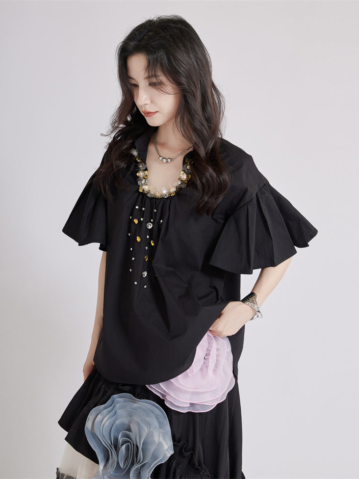 Beaded Collar Flare Blouse