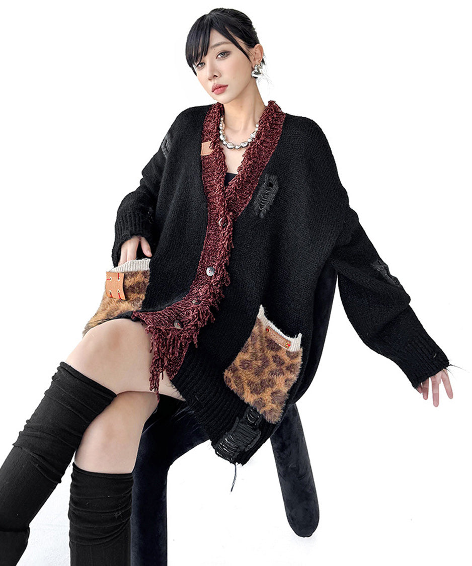 Fringe Patchwork Knit Cardigan
