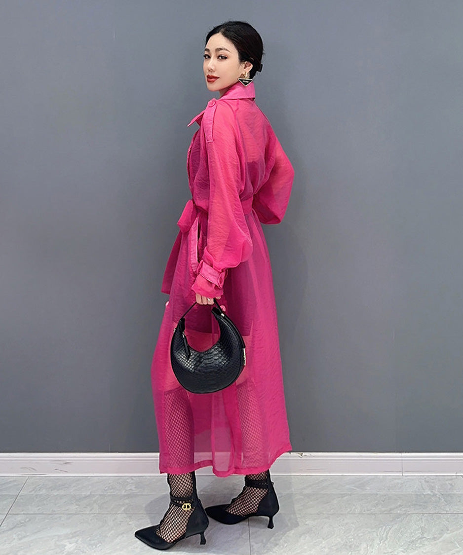 Sheer Belted Long Cardigan