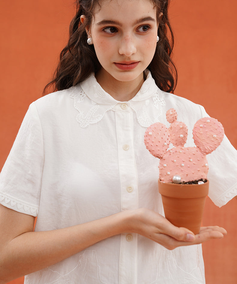 Embroidered Collar Short Sleeve Blouse