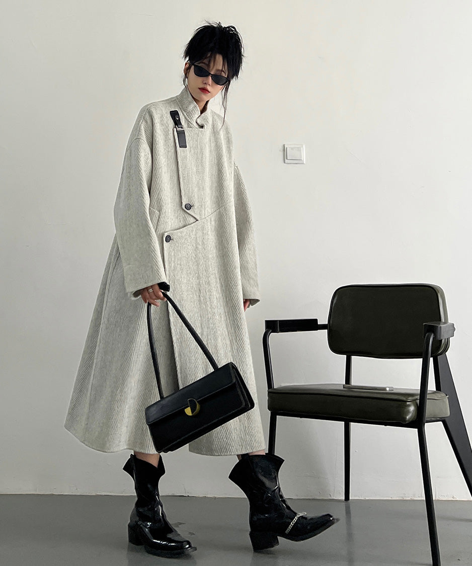 Asym Buckle Herringbone Coat