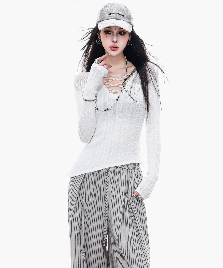 Sheer LaceUp Rib Top
